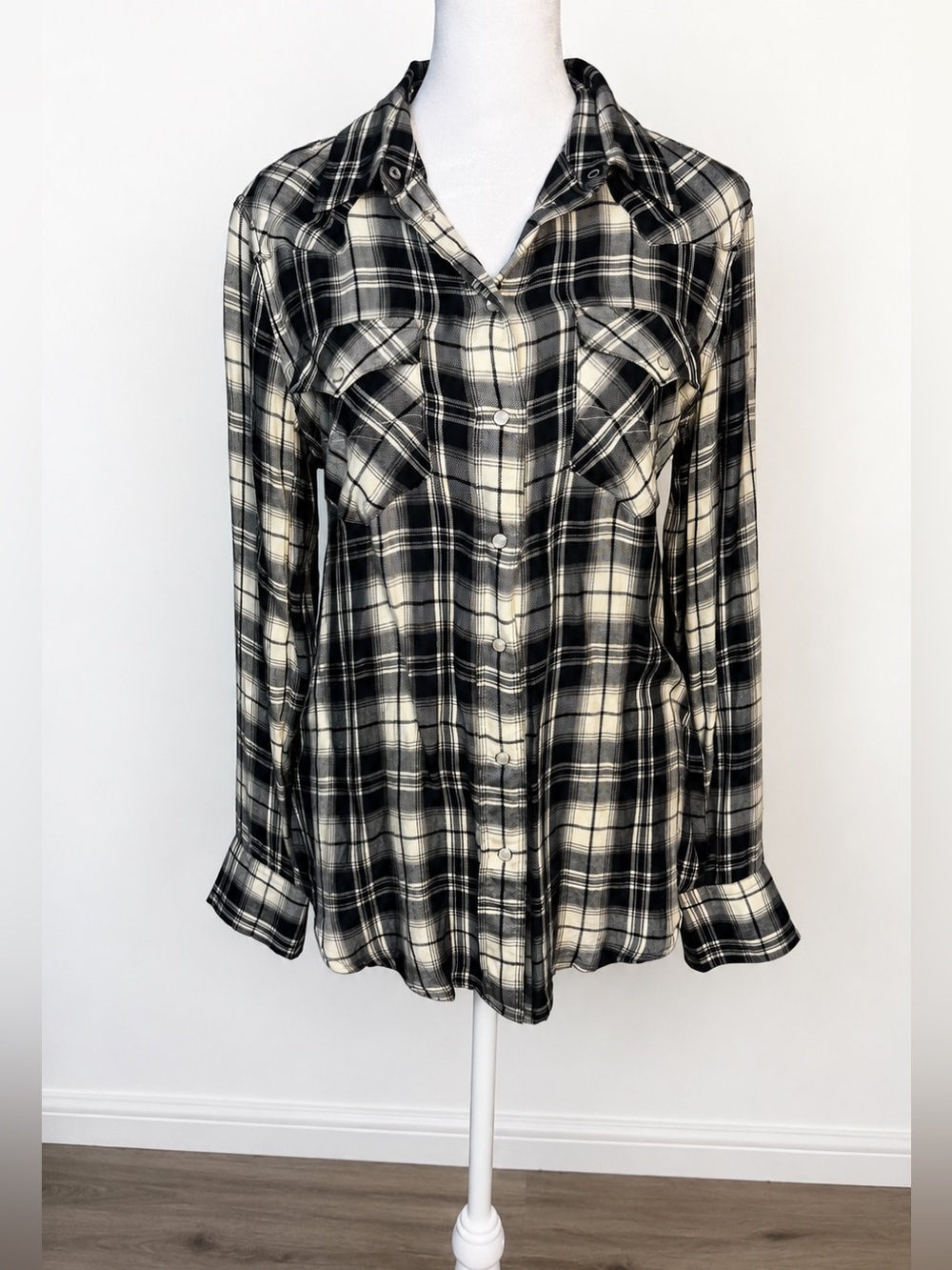 Ralph Lauren Plaid Western Snap Shirt Black Cream Medium